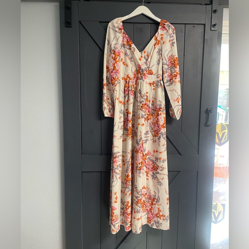 SHEIN Cream Maxi Dress with Pink & Orange Floral Print